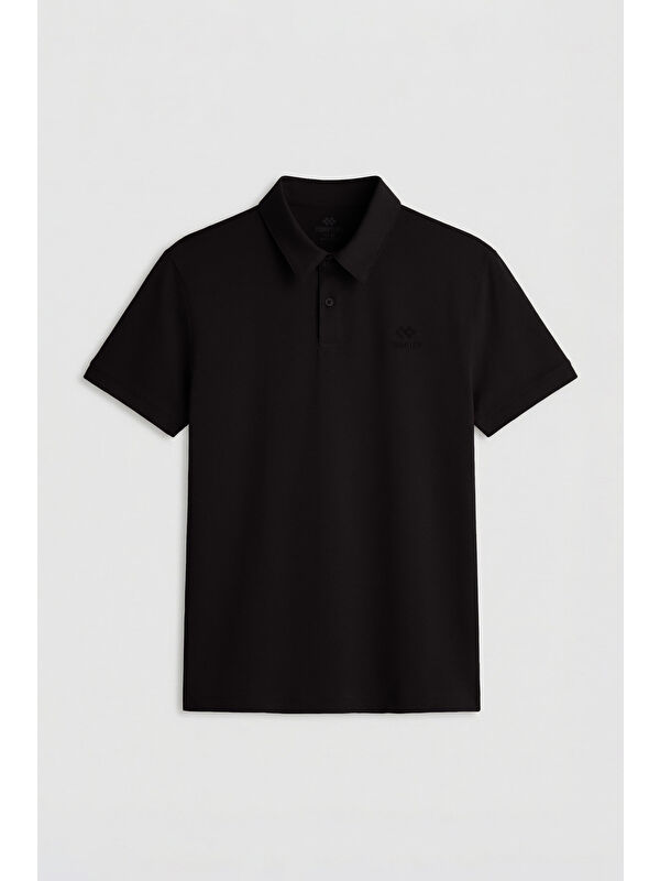 Tommylife Siyah Basic Logolu Standart Kalıp Triko Polo Yaka Erkek Tişört - 87748