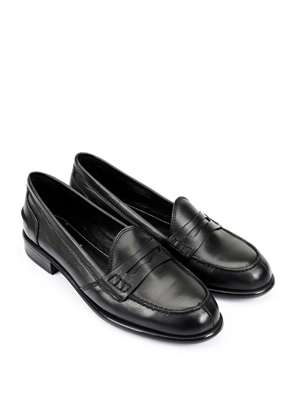 Hakiki Deri Yuvarlak Burun Kısa Topuklu Loafer Kadın Günlük Ayakkabı 24138 - Görsel 3