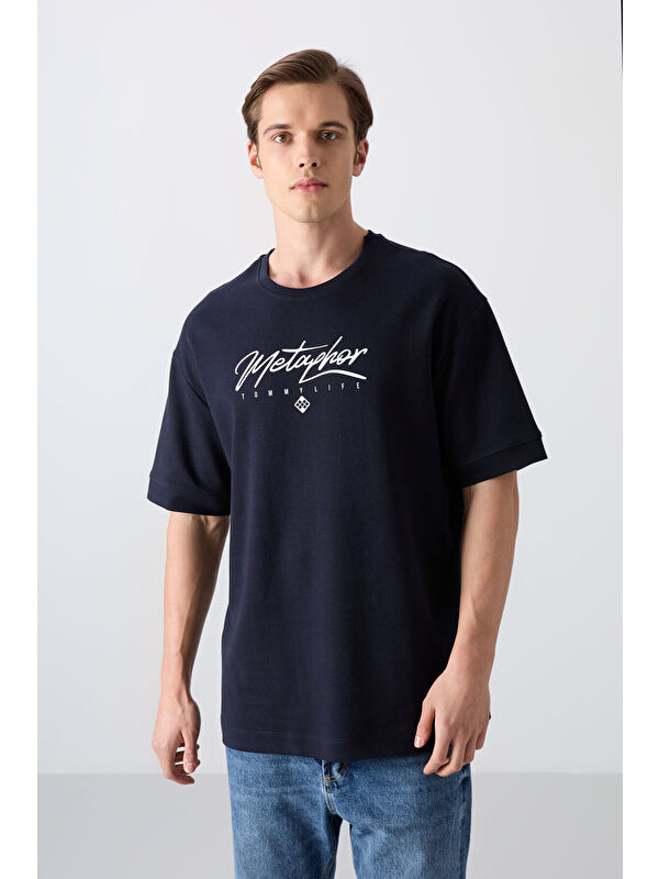 Tommylife Lacivert Pamuklu Kalın Yumuşak Dokulu Oversize Fit Baskılı Erkek Tişört - 88320