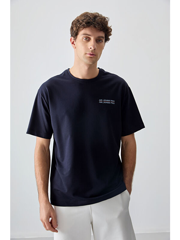 Air Jones Lacivert Pamuklu Kalın Yumuşak Dokulu Oversize Fit Baskılı Erkek Tişört - 88375
