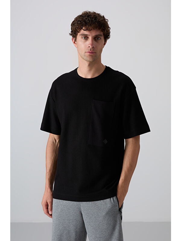 Tommylife Siyah Pamuklu Kalın Yüzeyi Dokulu Oversize Fit Basic Erkek Tişört - 88341