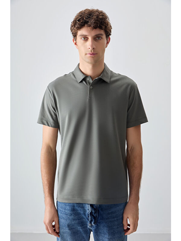 Air Jones Haki Pamuklu Kalın Yumuşak Dokulu Polo Yaka Oversize Fit Basic Erkek Tişört- 88381