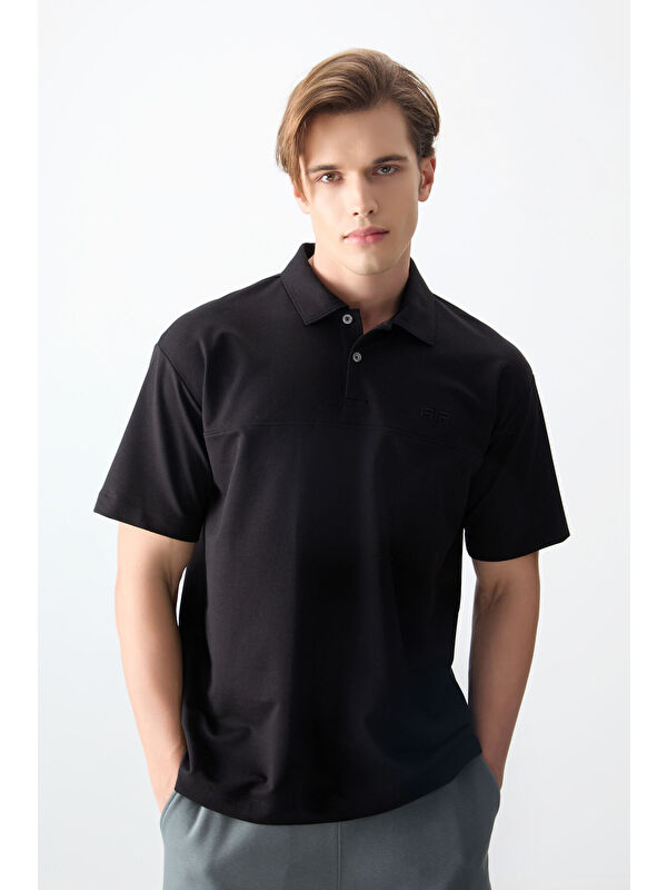 Air Jones Siyah Pamuklu Kalın Yumuşak Dokulu Polo Yaka Oversize Fit Basic Erkek Tişört- 88382