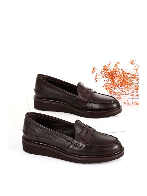 Hakiki Deri Yuvarlak Burun Dolgu Taban Loafer Kadın Günlük Ayakkabı 24092 - Görsel 3