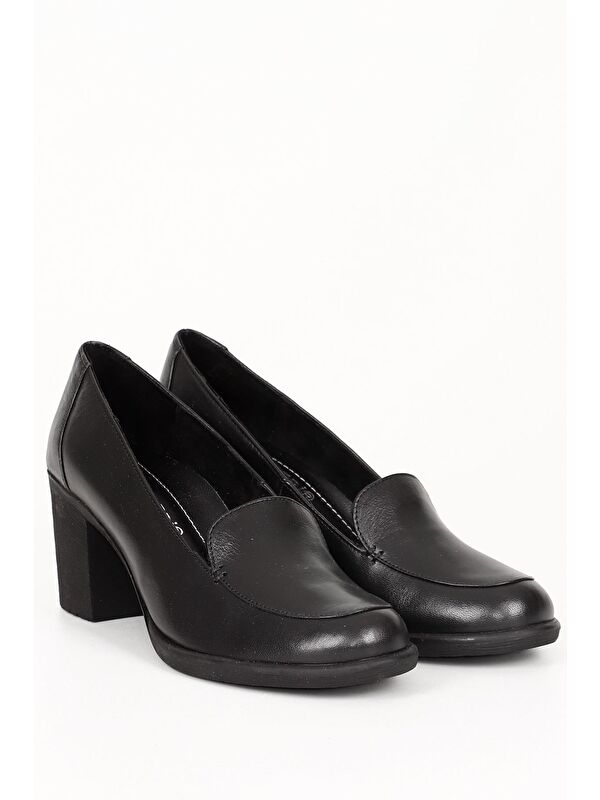 Hakiki Deri Yuvarlak Burun Kalın Orta Topuklu Kauçuk Taban Kadın Loafer Ayakkabı 24070 - Görsel 6