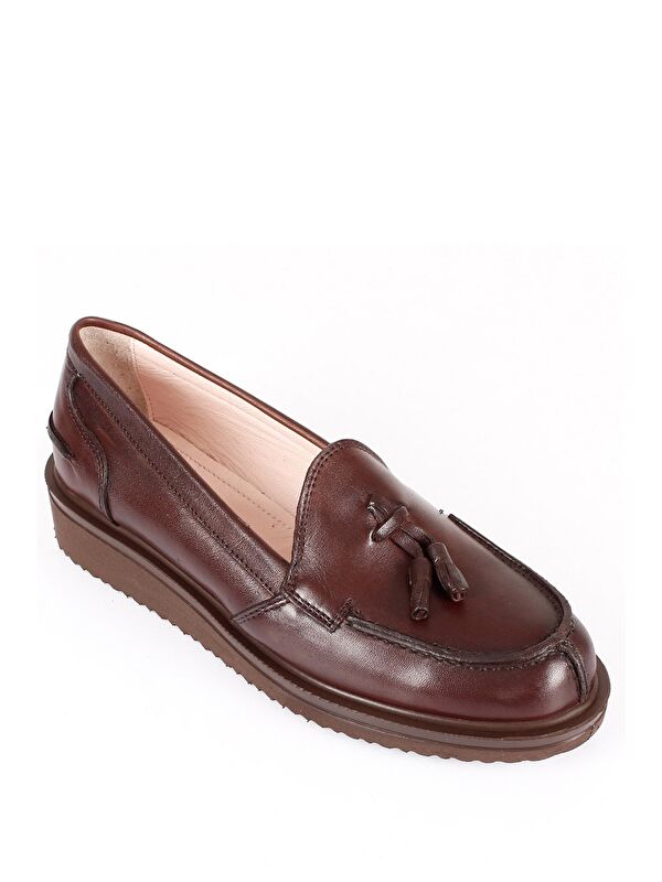 Hakiki Deri Yuvarlak Burun Dolgu Taban Püsküllü Kadın Günlük Loafer Ayakkabı 24097 - Görsel 6