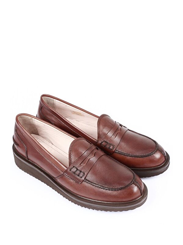 Hakiki Deri Yuvarlak Burun Dolgu Taban Loafer Kadın Günlük Ayakkabı 24092 - Görsel 3