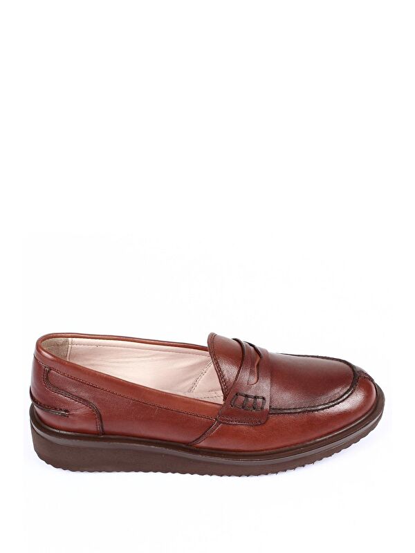 Hakiki Deri Yuvarlak Burun Dolgu Taban Loafer Kadın Günlük Ayakkabı 24092 - Görsel 5