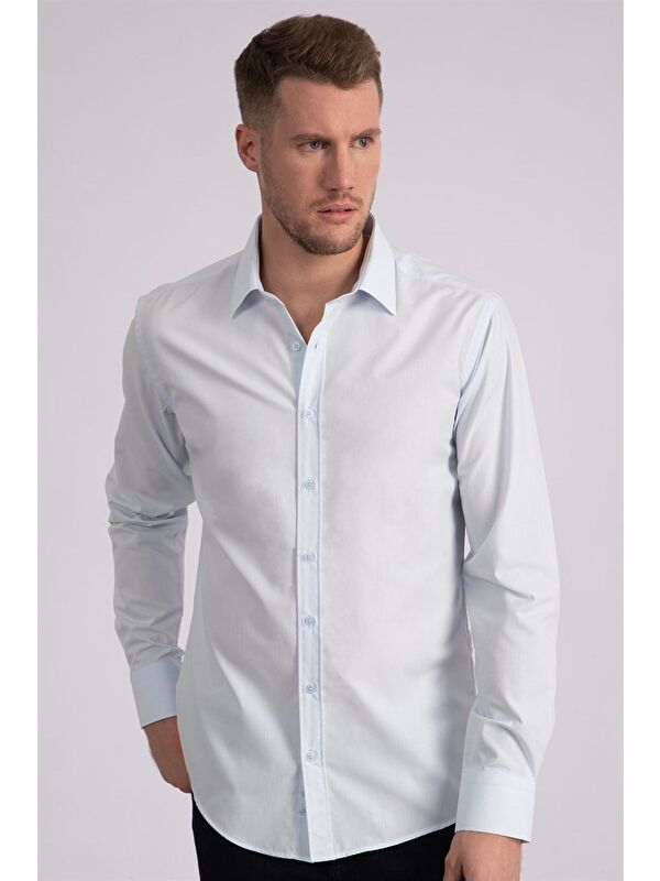 TUDORS Modern Slim Fit Uzun Kollu Pamuklu Kolay Ütü Erkek Mavi Gömlek