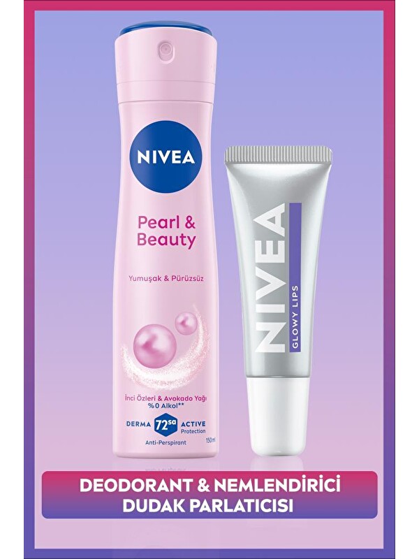 NIVEA Kadın Sprey Deodorant Pearl&Beauty 150ml ve Glowy Lips Nemlendirici Dudak Parlatıcı, Hyaluronik Asit