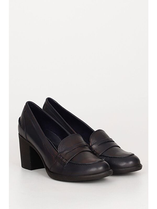 Hakiki Deri Yuvarlak Burun Kalın Orta Topuklu Kauçuk Taban Loafer Kadın Ayakkabı 24072 - Görsel 3