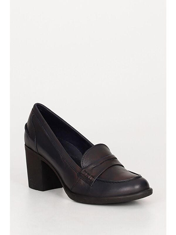 Hakiki Deri Yuvarlak Burun Kalın Orta Topuklu Kauçuk Taban Loafer Kadın Ayakkabı 24072 - Görsel 6