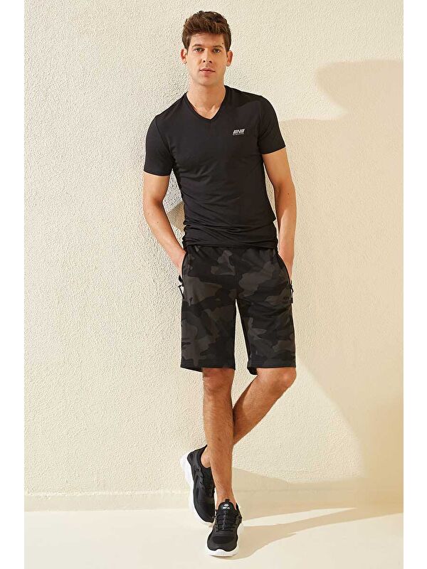 Tommylife Siyah Gölge Kamuflaj Desenli Standart Kalıp Erkek Şort - 81157