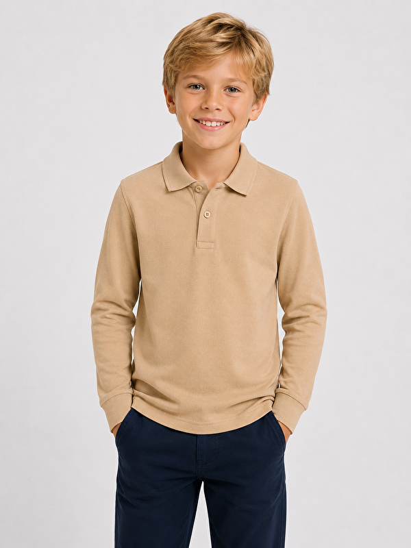 ajn Kids Polo Yaka Basic Uzun Kollu Unisex Erkek Çocuk Tişört