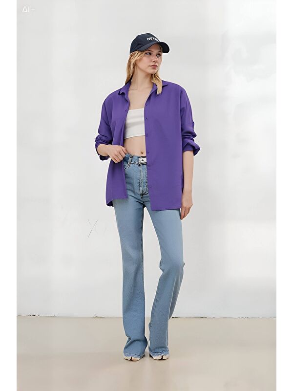 Hazelin Kadın Mor Oversize Uzun Basic Gömlek Hzl22w-bd139001