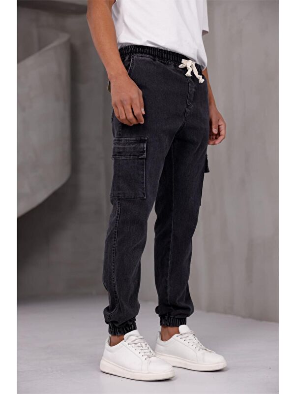 Oksit Dasser Paçası ve Beli Lastikli Slim Fit Elastanlı Jean Kargo Pantolon