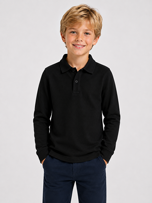 ajn Kids Polo Yaka Basic Uzun Kollu Unisex Erkek Çocuk Tişört
