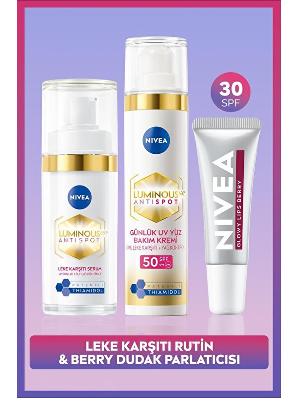 NIVEA SPF50 Luminous630 Leke Karşıtı Gündüz Yüz Kremi, Cilt Serumu ve Berry Nemlendirici Dudak Parlatıcı