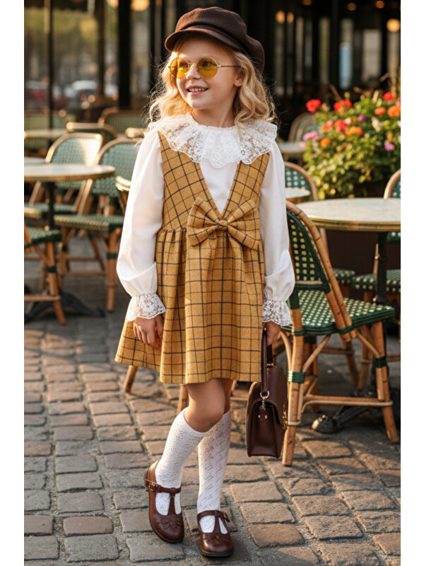 Parla Kids Kız Çocuk Anna Hardal Kareli Fiyonklu Jile Elbise Ekru Dantel Detaylı Bluz Takım