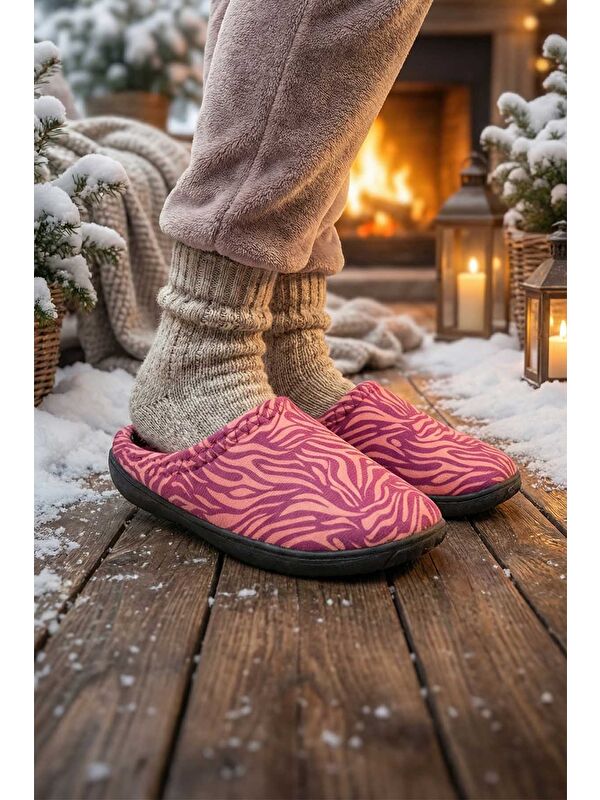 Gezer Mor Gezer Kışlık Pu Kadın Rahat Taban Desenli Ev Bahçe Gondol Terlik