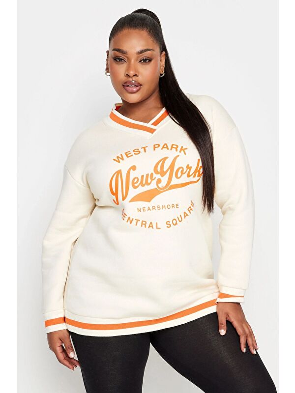 Stil Diva Büyük Beden V Yaka Uzun Kollu Baskılı Şerit Detaylı Sweatshirt 302733