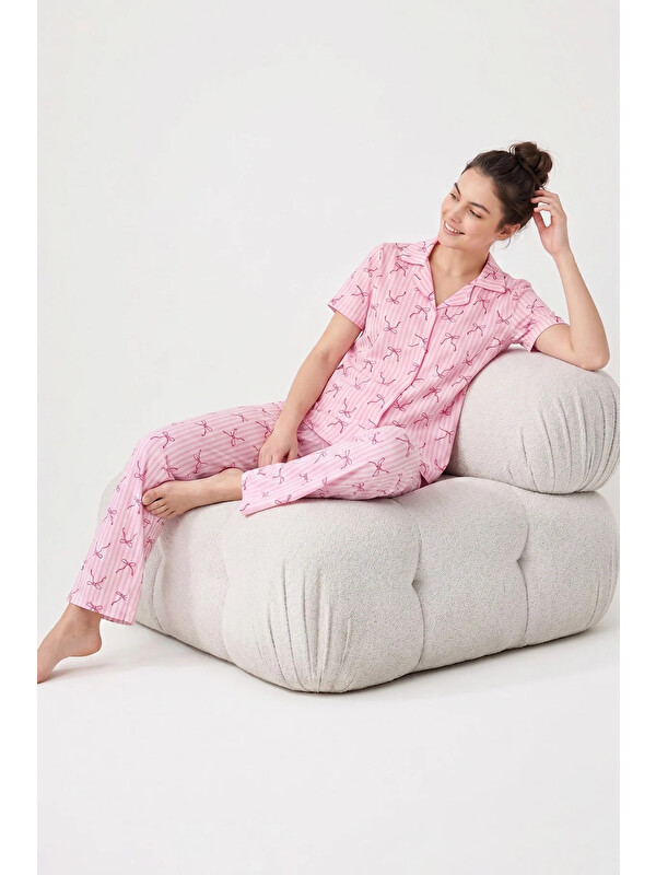 Fullamoda Yaprak Desenli Gömlek Yaka Düğmeli Pijama Takımı