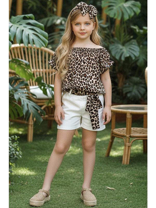 Parla Kids Kız Çocuk Viskon Leopar Madonna Yaka Şortlu Bandana Alt Üst Takım