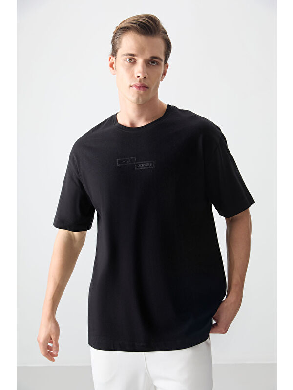 Air Jones Siyah %100 Pamuk Kalın Yumuşak Dokulu Oversize Fit Baskılı Erkek Tişört - 88361