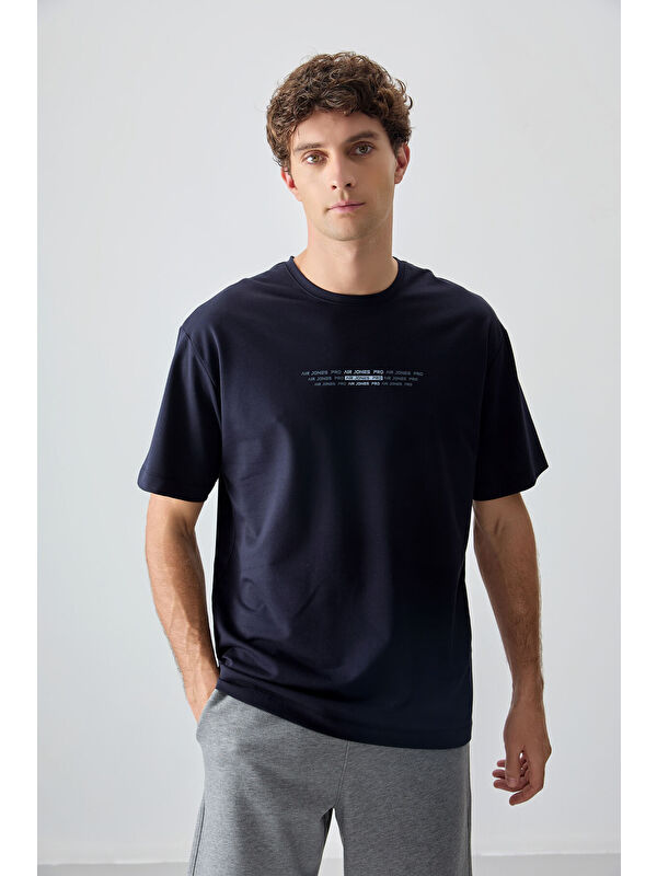 Air Jones Lacivert Pamuklu Kalın Yumuşak Dokulu Oversize Fit Baskılı Erkek Tişört - 88374