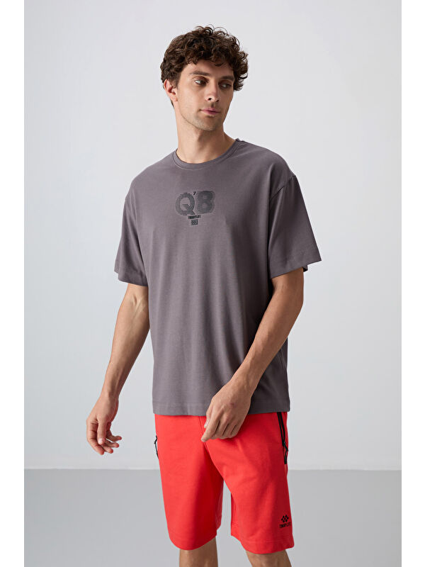 Tommylife Koyu Gri Pamuklu Kalın Yumuşak Dokulu Oversize Fit Baskılı Erkek Tişört - 88333