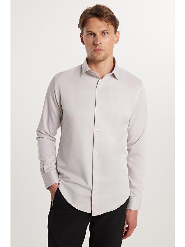 TUDORS Slim Fit Uzun Kollu Pamuklu Düz Erkek Bej Gömlek