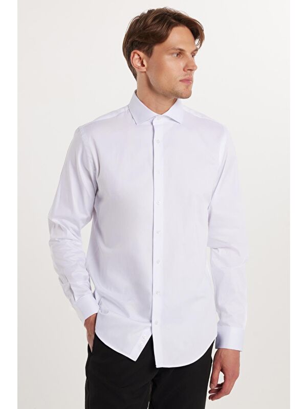 TUDORS Erkek Slim Fit Dar Kesim  100 Pamuk Pamuk Saten Premium Seri Beyaz %100 Pamuk Gömlek
