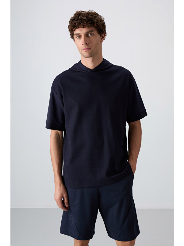 Tommylife Lacivert Pamuklu Kalın Yüzeyi Dokulu Oversize Fit Basic Erkek Tişört - 88335