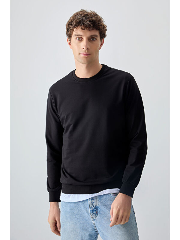 Air Jones Siyah Pamuk Dokulu Standart Fit Basic Erkek Sweatshirt - 88363