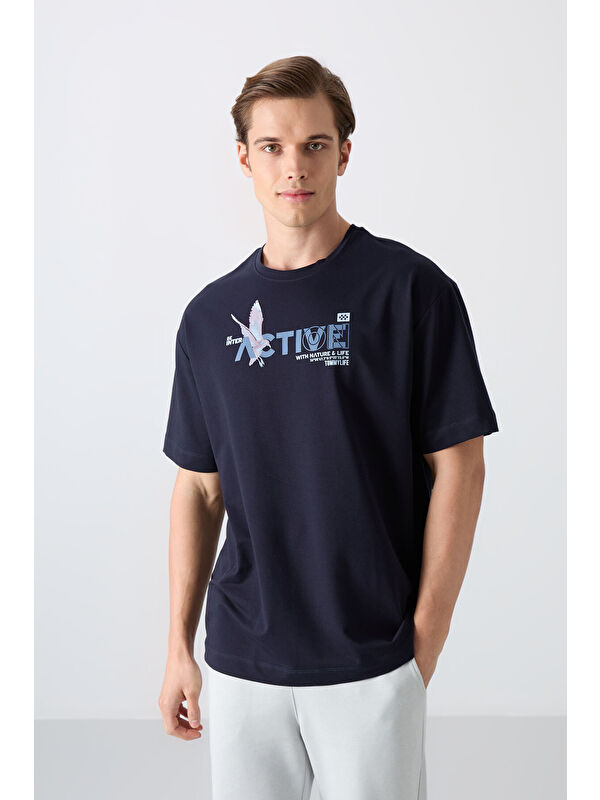 Tommylife Lacivert Pamuklu Kalın Yumuşak Dokulu Oversize Fit Baskılı Erkek Tişört - 88344