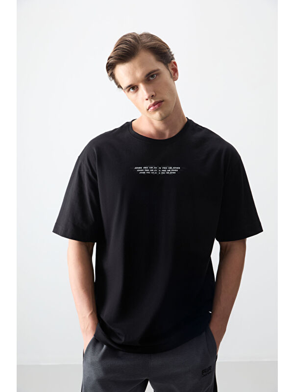 Air Jones Siyah %100 Pamuk Kalın Yumuşak Dokulu Oversize Fit Baskılı Erkek Tişört - 88356