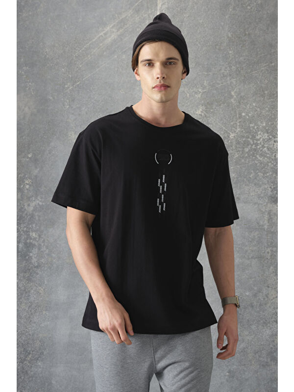 Air Jones Siyah %100 Pamuk Kalın Yumuşak Dokulu Oversize Fit Baskılı Erkek Tişört - 88355