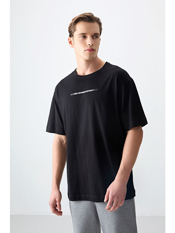 Air Jones Siyah %100 Pamuk Kalın Yumuşak Dokulu Oversize Fit Baskılı Erkek Tişört - 88358