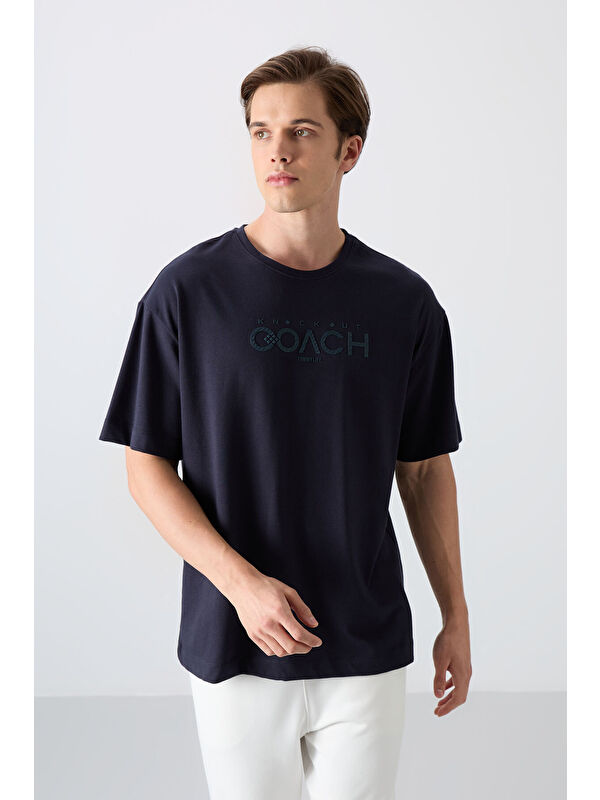 Tommylife Lacivert Pamuklu Kalın Yumuşak Dokulu Oversize Fit Baskılı Erkek Tişört - 88329