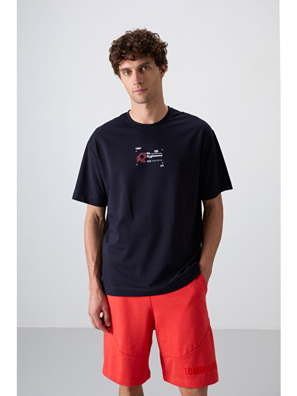 Tommylife Lacivert Pamuklu Kalın Yumuşak Dokulu Oversize Fit Baskılı Erkek Tişört - 88350