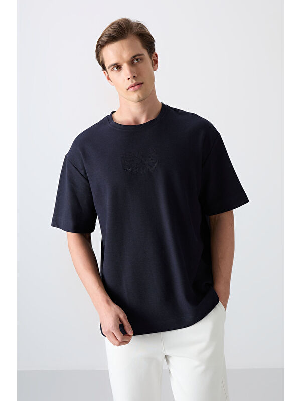 Tommylife Lacivert Pamuklu Kalın Yüzeyi Dokulu Oversize Fit Baskılı Erkek Tişört - 88336
