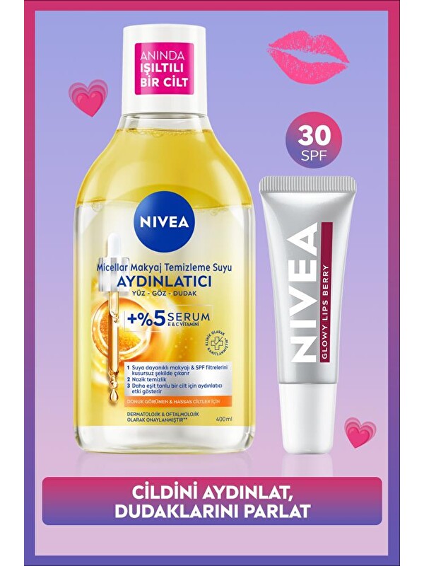 NIVEA Aydınlatıcı Micellar Makyaj Temizleme Suyu 400ml ve Glowy Lips Berry Renkli Nemlendirici Dudak Kremi