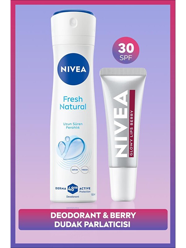 NIVEA Kadın Sprey Deodorant Fresh Natural 150ml ve Berry Renkli Nemlendirici Dudak Parlatıcısı