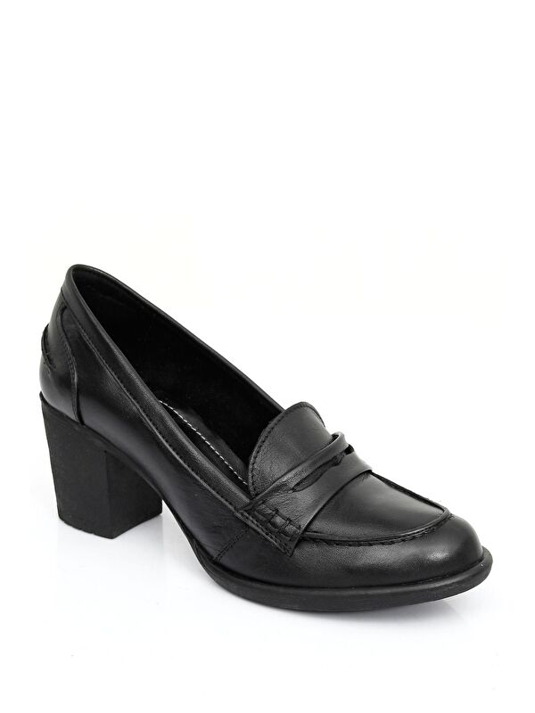 Hakiki Deri Yuvarlak Burun Kalın Orta Topuklu Kauçuk Taban Loafer Kadın Ayakkabı 24072 - Görsel 6
