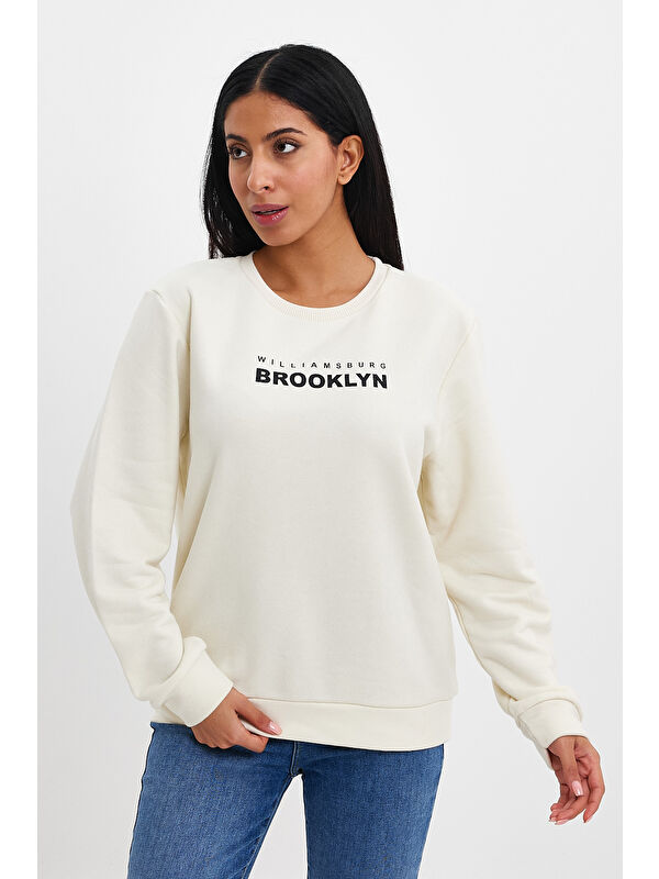 Süperlife Kadın Bisiklet Yaka Rahat Kalıp 3 iplik Kalın Brooklyn Baskılı Sweatshirt SPR24swk29