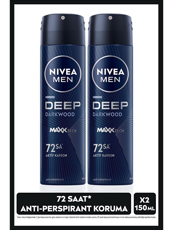NIVEA MEN Erkek Sprey Deodorant Deep Dimension Aktif Karbon 150ml, 72 Saat Anti-perspirant, X2 Adet