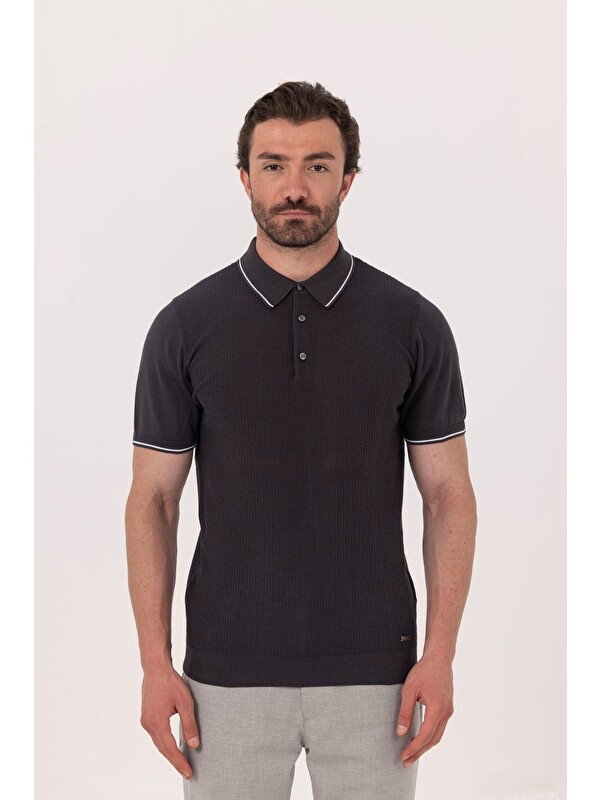 Sabri Özel Antrasit Slim Fit %100 Pamuk Jakarlı Polo Yaka Triko T-Shirt