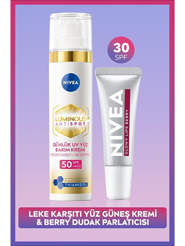 NIVEA SPF50 Güneş Koruyucu Luminous630 Leke Karşıtı Yüz Kremi ve Berry Renkli Nemlendirici Dudak Kremi