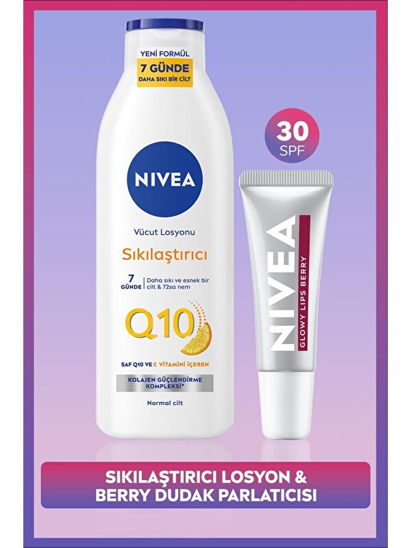 NIVEA Q10 7 Günde Sıkılaştırıcı Vücut Bakım Losyonu 250ml ve Berry Renkli Nemlendirici Dudak Kremi