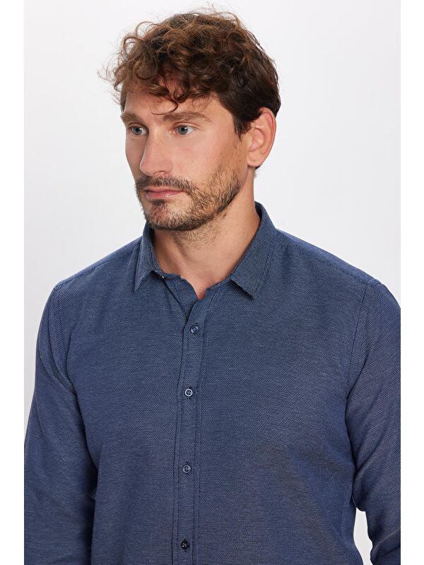 TUDORS Modern Slim Fit Uzun Kollu Pamuklu Kolay Ütü Armürlü Erkek Lacivert Gömlek